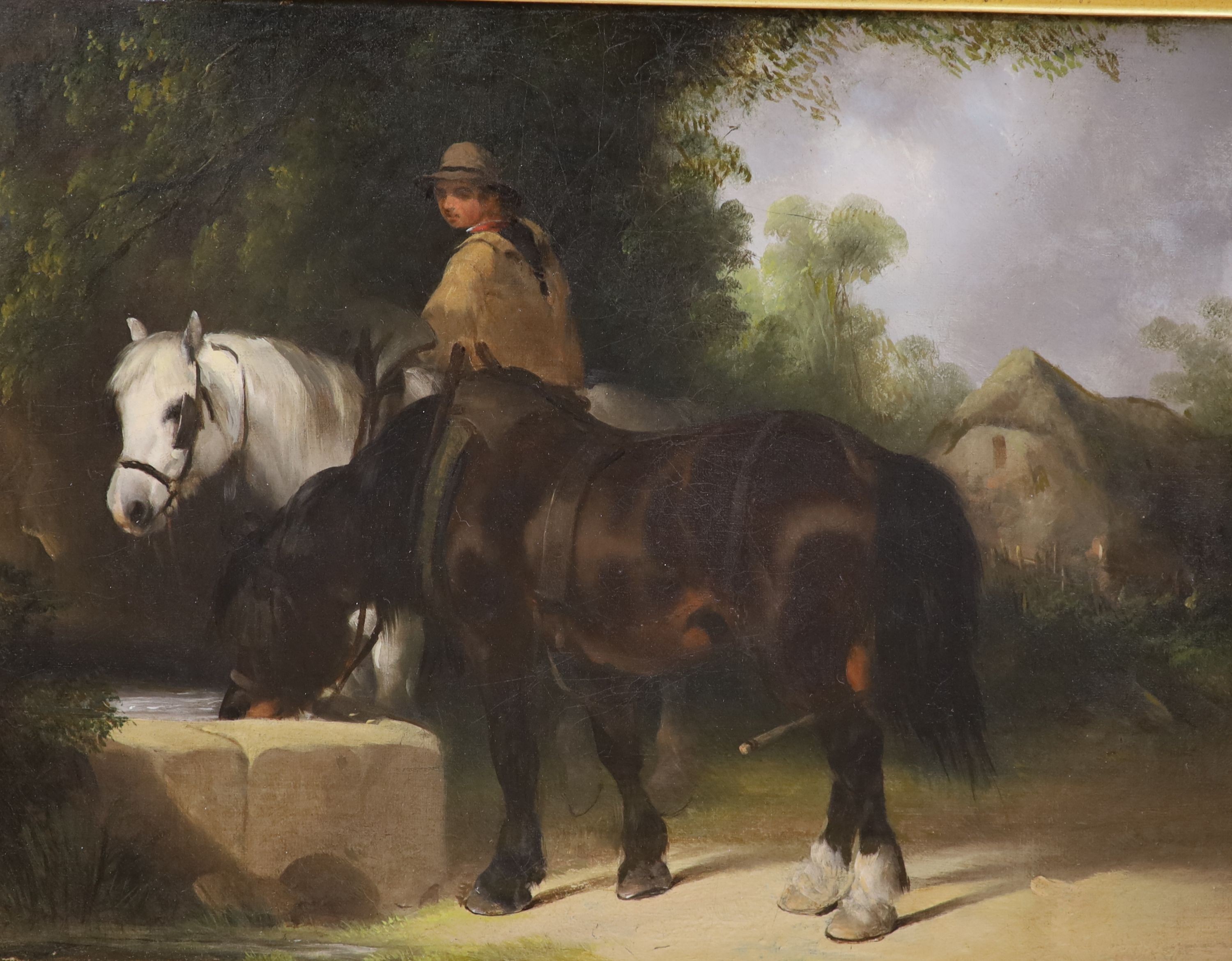 Three Victorian oils including William Shayer Senior, oil on canvas, horses watering, 19.5 x 26 cm; English school, oil on board, cows by a river, 16.5 x 24 cm and Oil on canvas Fisherman by a boat, 26 x 37 cm (3)